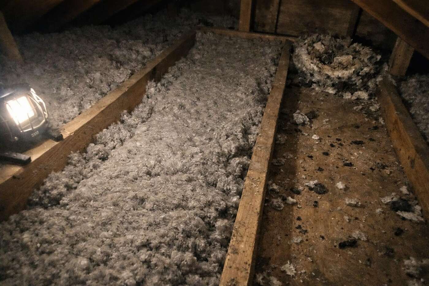 Blown-in insulation flattened between the joists of an attic