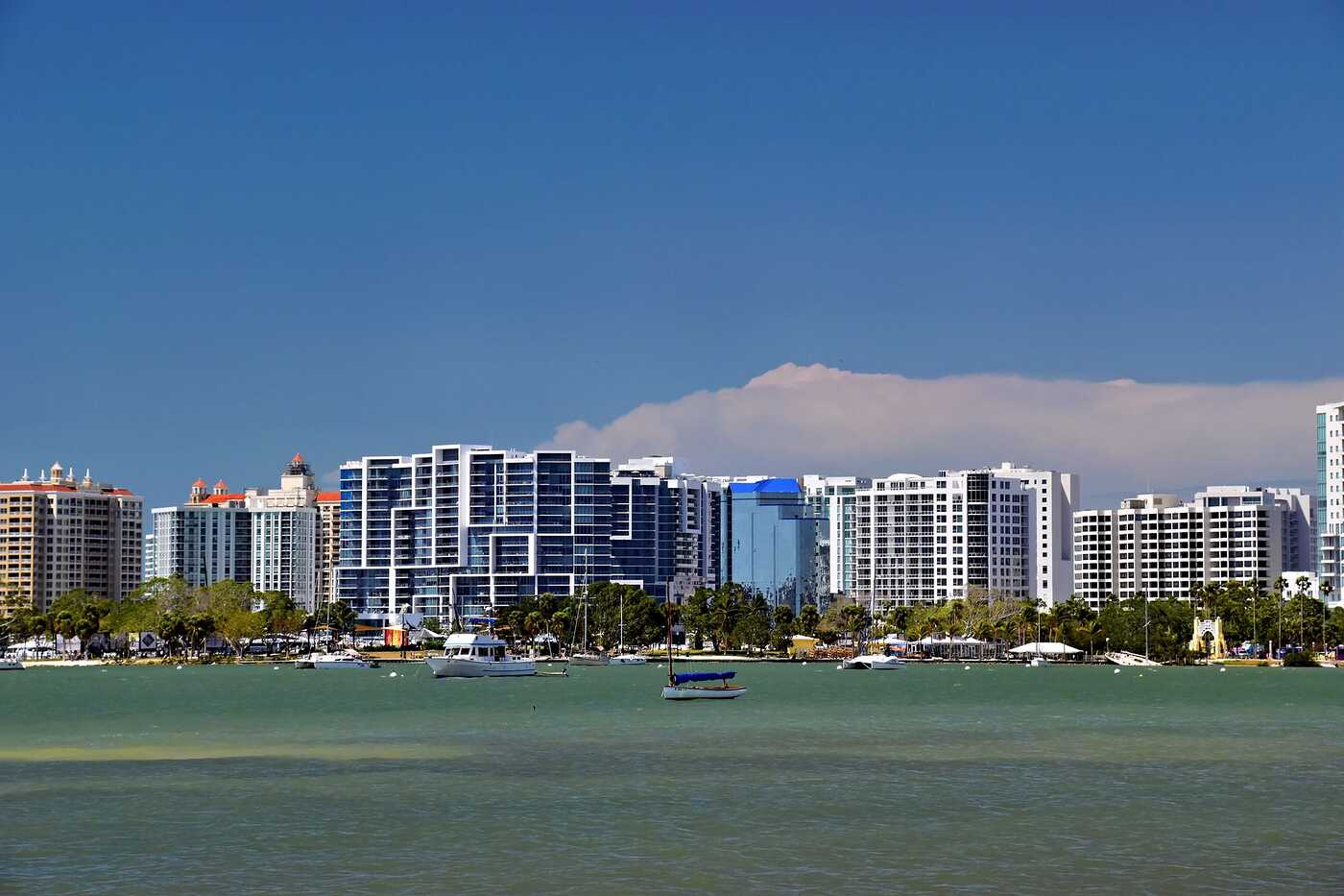 Waterfront buildings seen across the water
